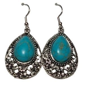 Silver Turquoise Stone Dangle Drop Fashion Earrings